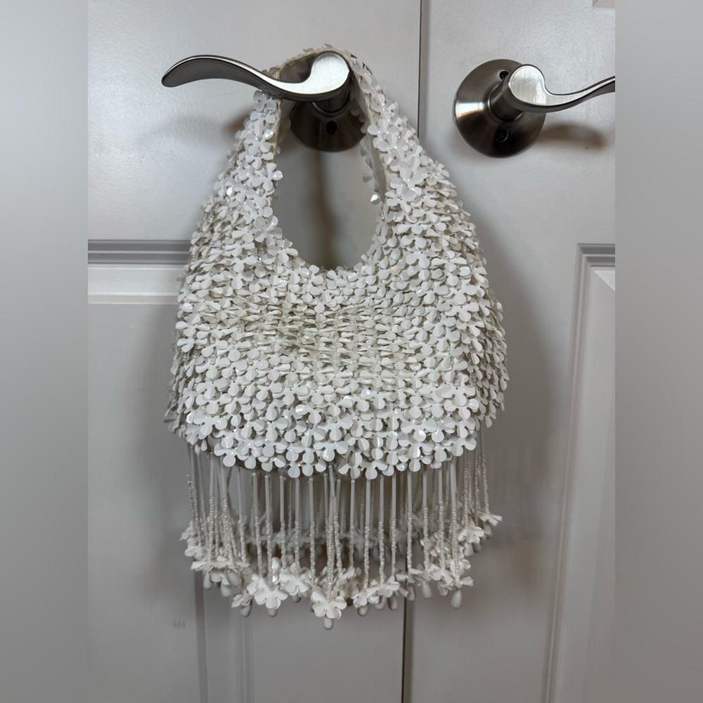 Handmade in India White Beaded Floral Fringe Evening Bag Bridal Purse‎